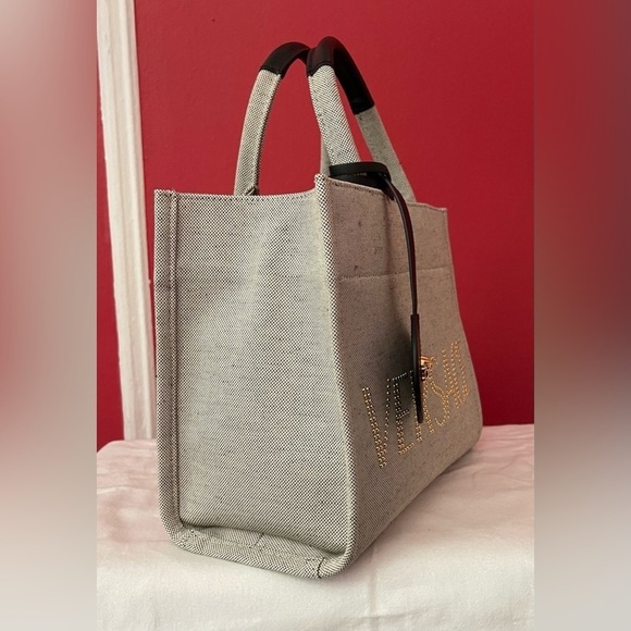 Versace Beige Canvas Tote Bag with Studded Logo Medusa Charm Unisex Shoulder Bag - Picture 9 of 16